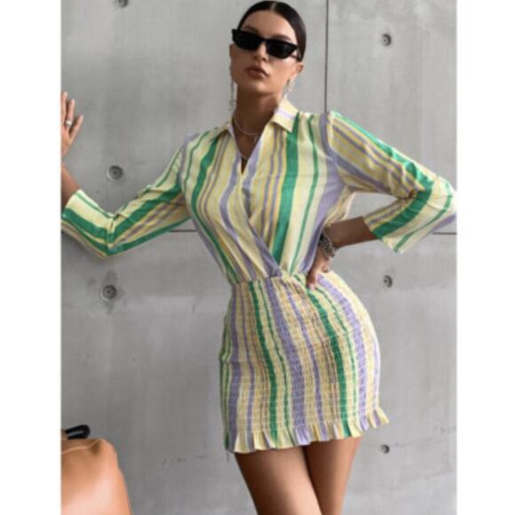 Zara The Valery Pastel Multicolored Striped Smocked Bottom Collared Shirt Dress - Picture 2 of 6